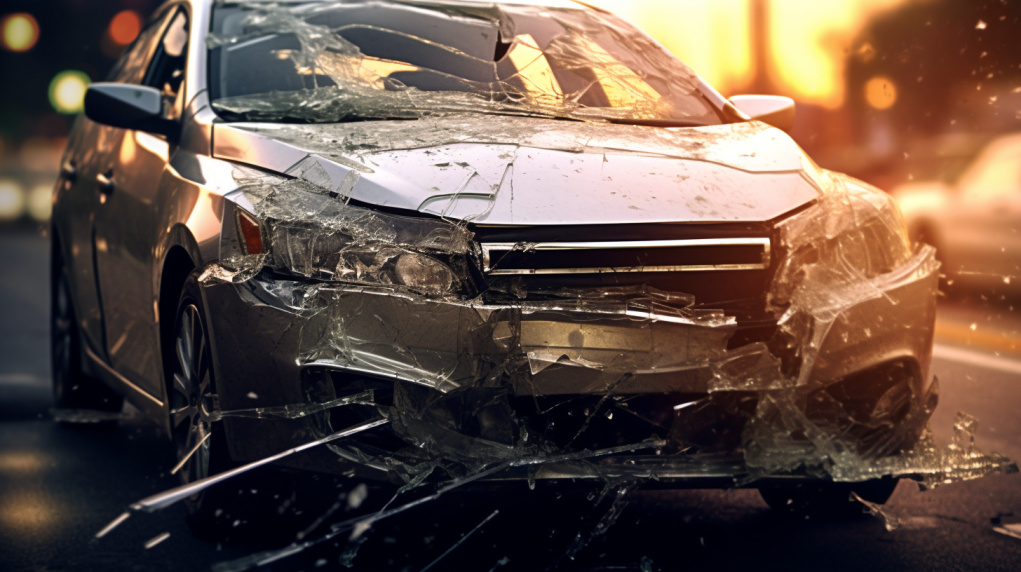 A car accident with broken glass and a damaged car