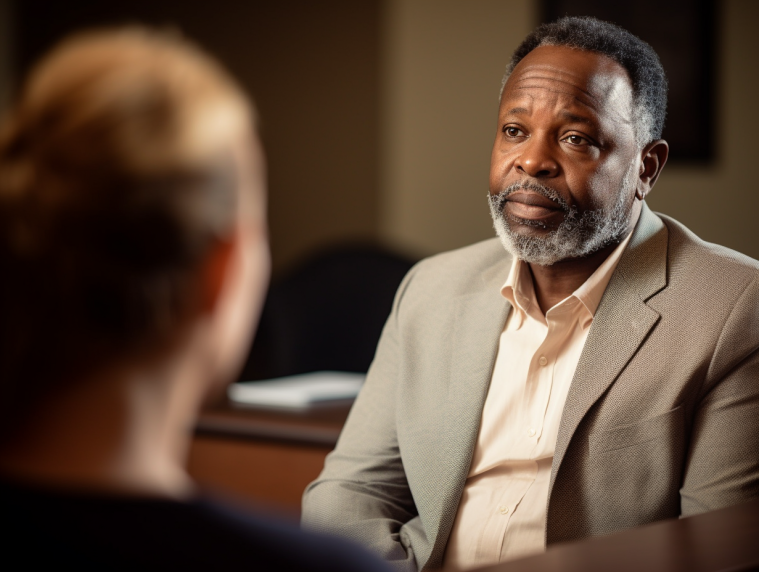 A personal injury attorney in Charlotte, NC discussing a case with a client