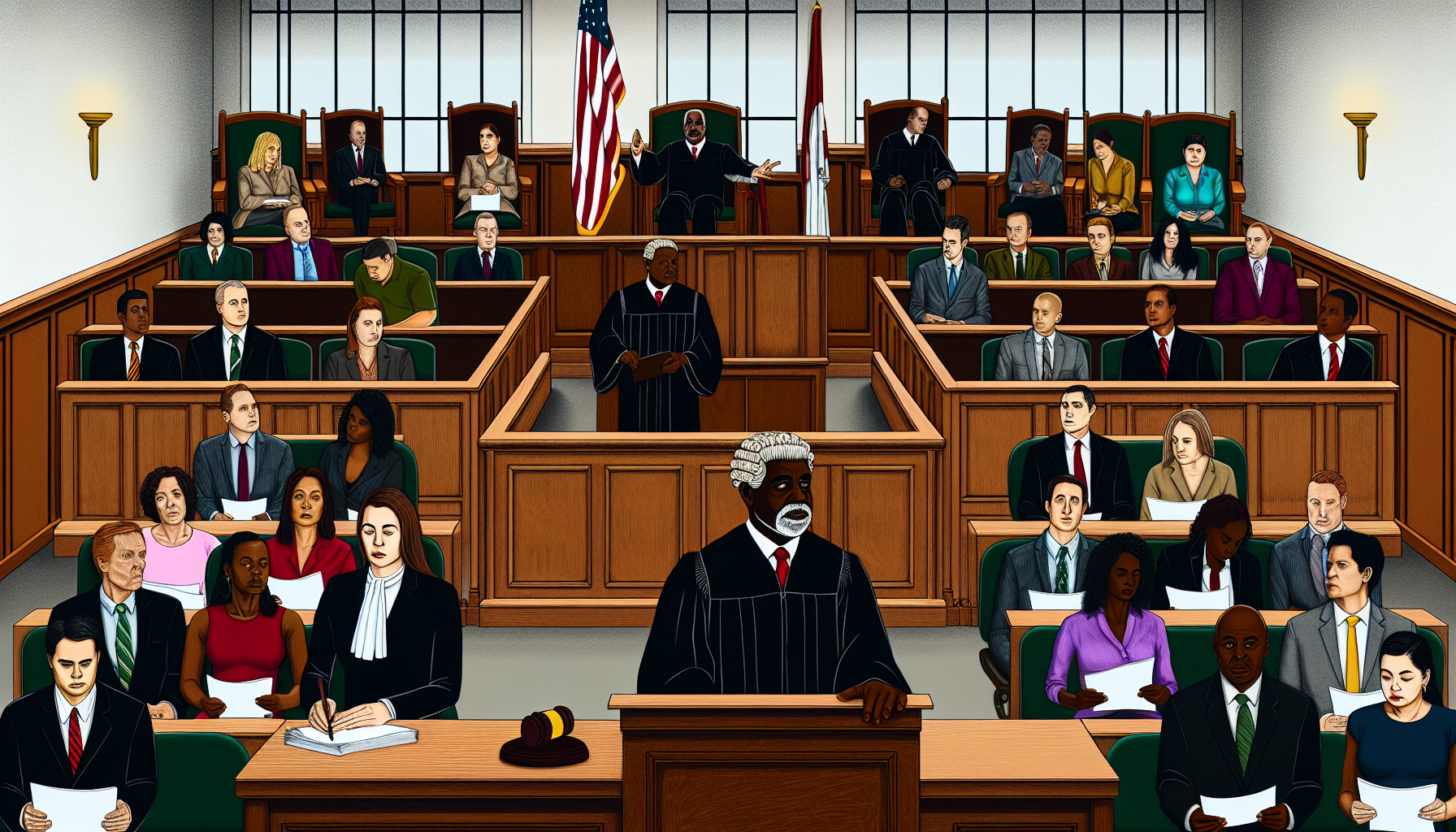 A photo of a courtroom with a judge and lawyers to represent the legal aspect of personal injury law.