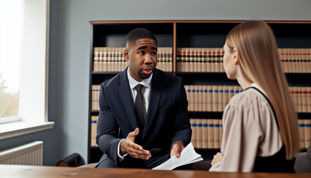 A photo of a lawyer having a discussion with a client to represent the initial free case evaluation.