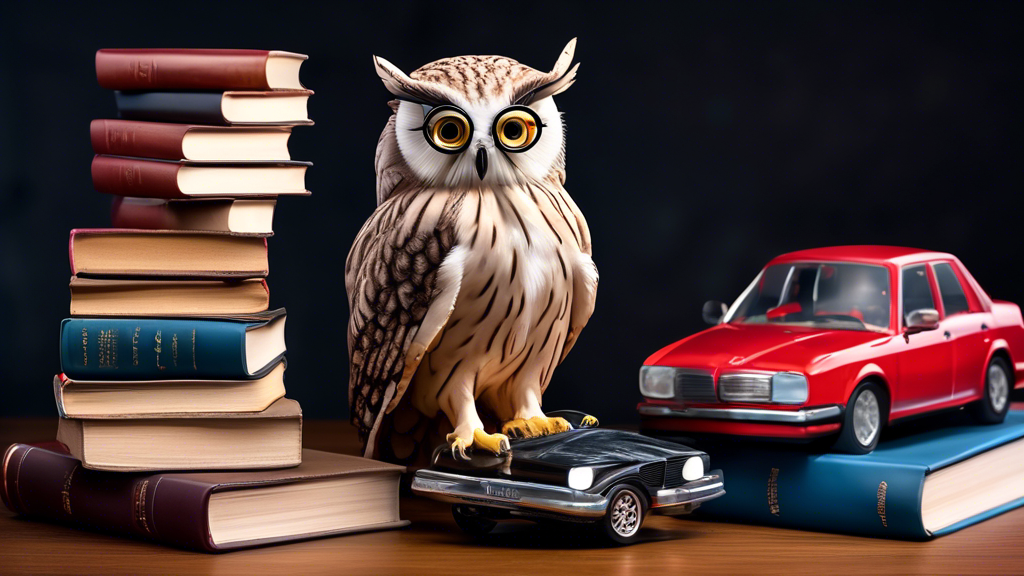 An image of a wise owl wearing glasses and a judge's wig, sitting atop a stack of legal books, with various car models and accident scenes depicted in open books around it, symbolizing the knowledge and expertise required to select the ideal car accident attorney.