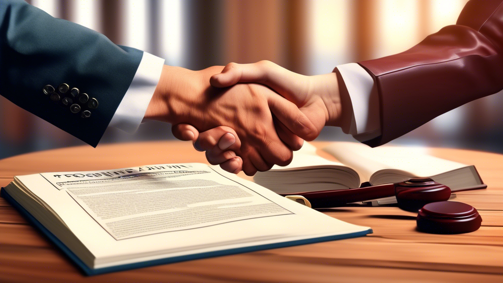 An illustrated guidebook laying on a wooden table, depicting a professional and trustworthy personal accident lawyer shaking hands with a client, with a courtroom in the background. lawyer for your car accident.