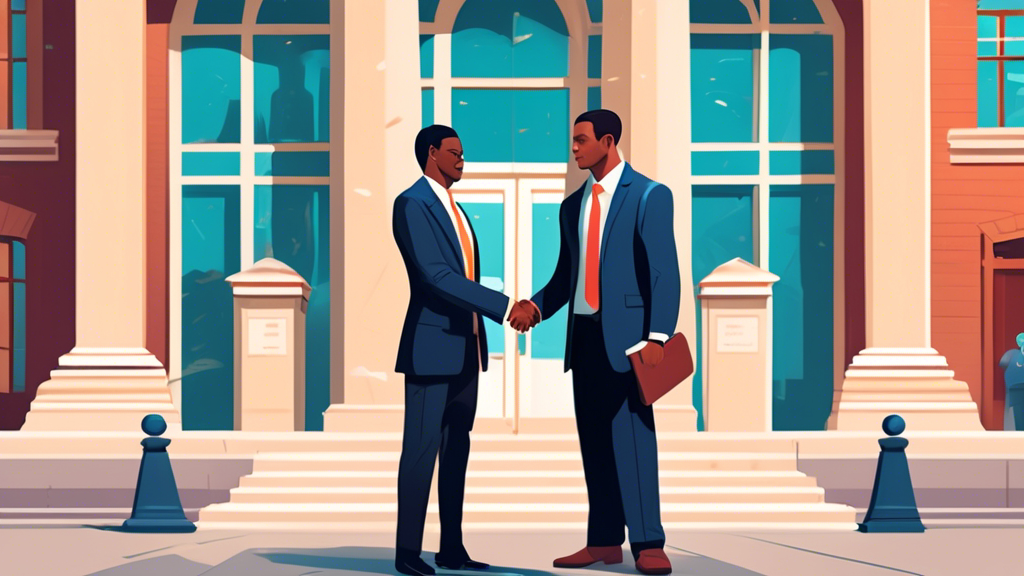 An illustrated guidebook cover featuring a determined client shaking hands with a confident personal injury law attorney, both standing in front of a courthouse, with a checklist of qualifications floating above them.