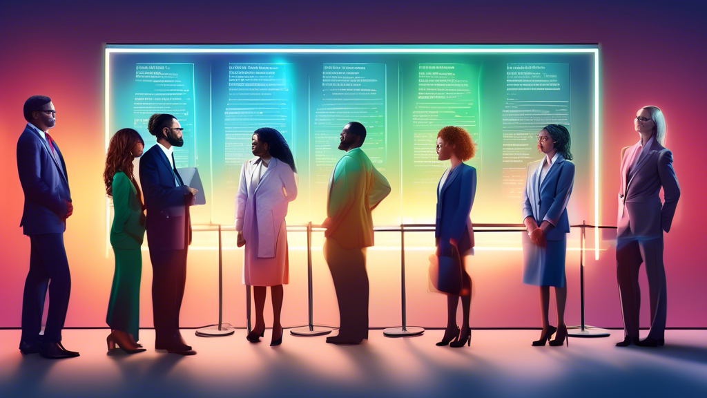 An illustrated guide showing a person thoughtfully selecting a personal injury lawyer from a lineup of diverse legal professionals, each standing next to a glowing billboard highlighting their unique skills and attributes, in a court-themed setting. Right personal injury lawyer.