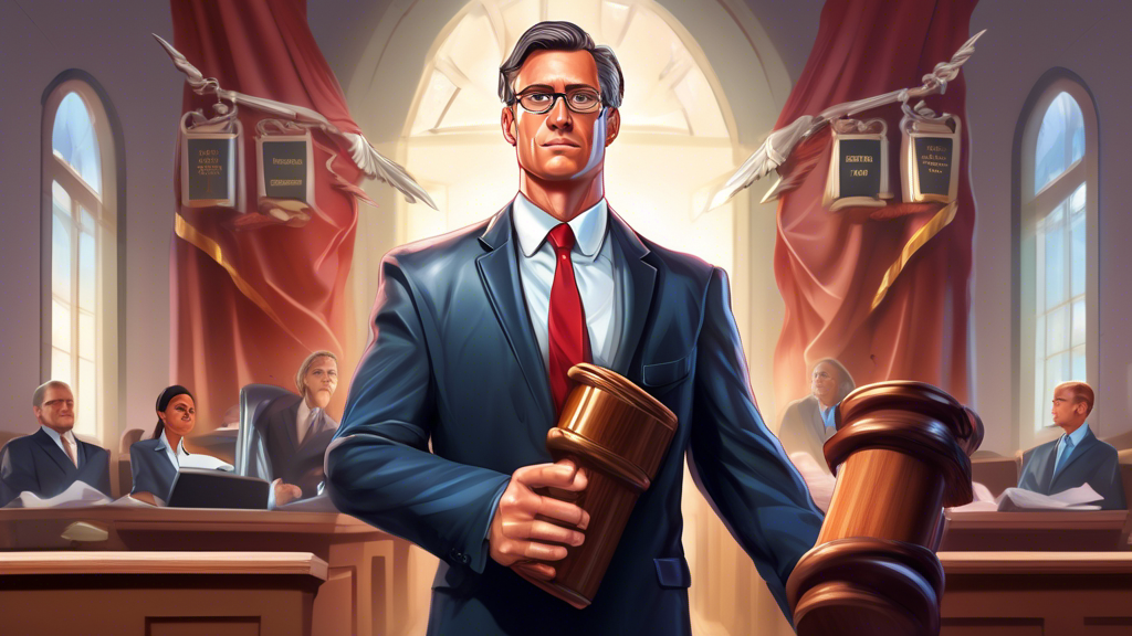 An illustrated guidebook cover showcasing a confident lawyer standing in front of a courtroom with a gavel in one hand and a protective shield emblazoned with 'Justice' in the other, helping an injured person to stand up against a backdrop of legal documents and the scales of justice.