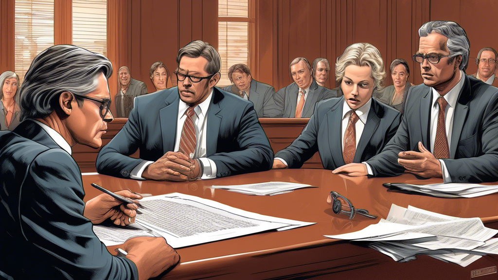 A detailed courtroom illustration featuring Charlotte's top attorneys discussing liability in a motorcycle accident case, with a clear focus on legal documents, a motorcycle helmet as evidence, and a concerned client listening attentively. Fault in Motorcycle Crashes