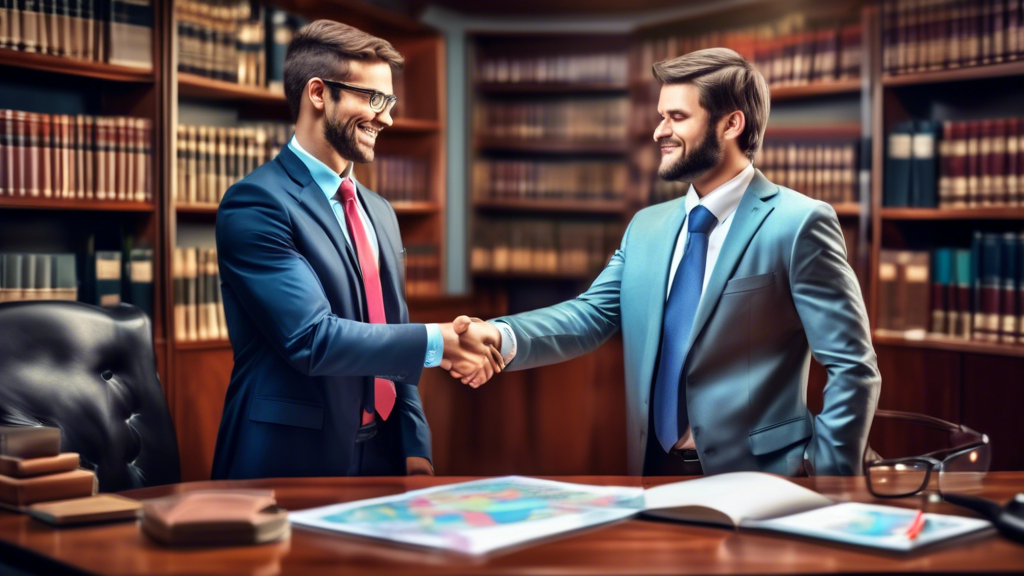 An empathetic and professional attorney shaking hands with a relieved client in an office, surrounded by legal books and a digital map highlighting top injury lawyers in the background. Attorneys Near
