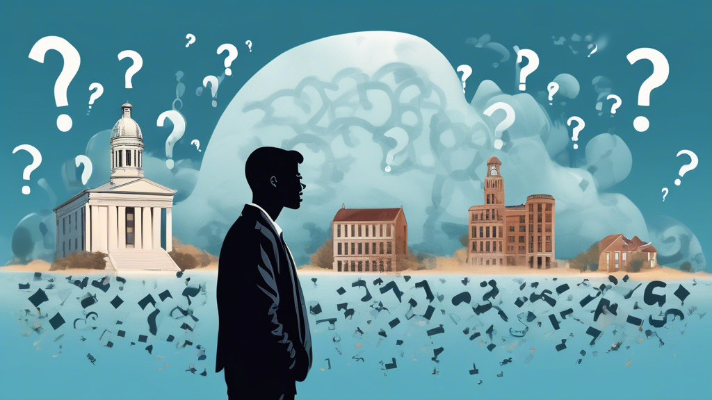 Digital artwork of a thoughtful individual surrounded by floating question marks, with iconic North Carolina landmarks and a symbol of legal scales in the background