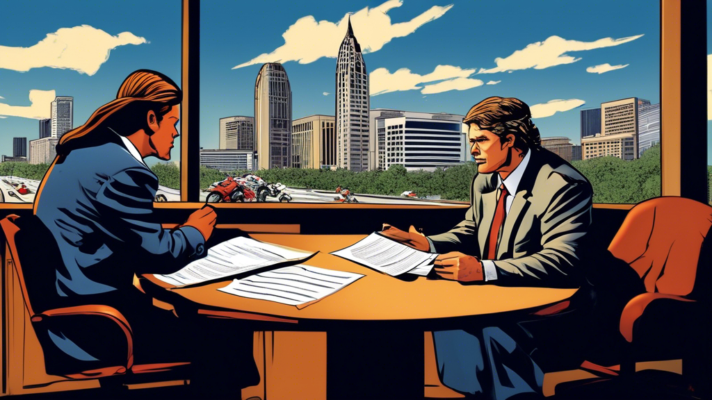 Dramatic illustration of a Charlotte attorney providing expert advice to an injured motorcyclist with legal documents in one hand and a helmet in the other, against the backdrop of a courtroom and Charlotte skyline.