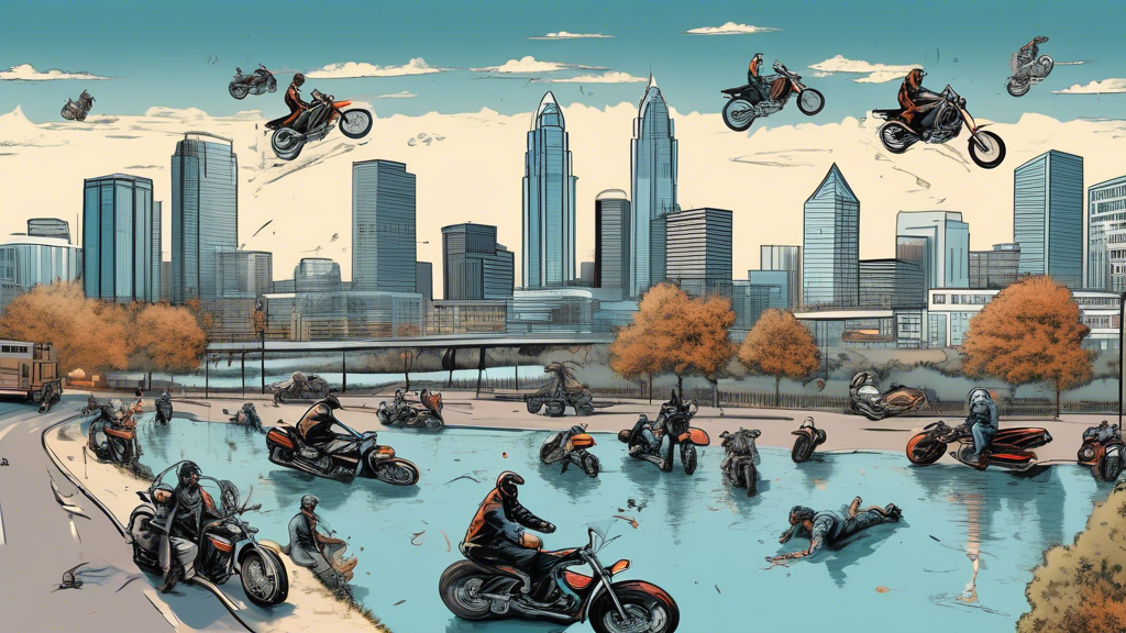 An illustrated step-by-step guide floating above a serene Charlotte skyline, depicting key actions to take immediately following a motorcycle crash, with concerned accident attorneys consulting distressed clients in the foreground. Steps to take following a motorcycle accident.