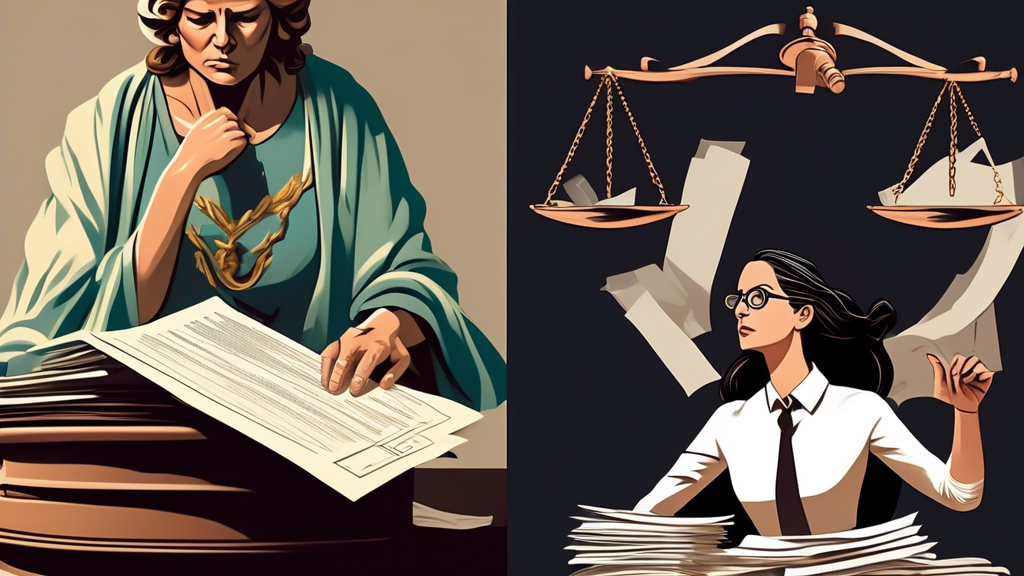 An overburdened individual struggling with piles of legal documents and medical bills next to a serene professional lawyer handling a case efficiently, in a split-screen comparison, under the watchful gaze of Lady Justice.