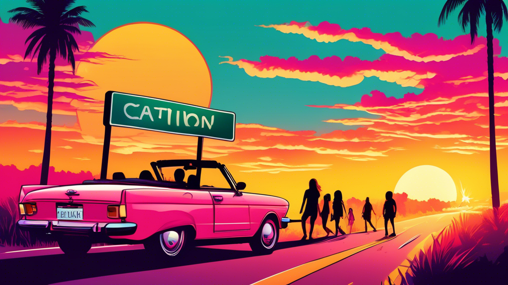 A group of teenagers embarking on a summer road trip in a convertible, with a caution sign depicting the dangers of driving, set against a vibrant sunset background. Teen drivers