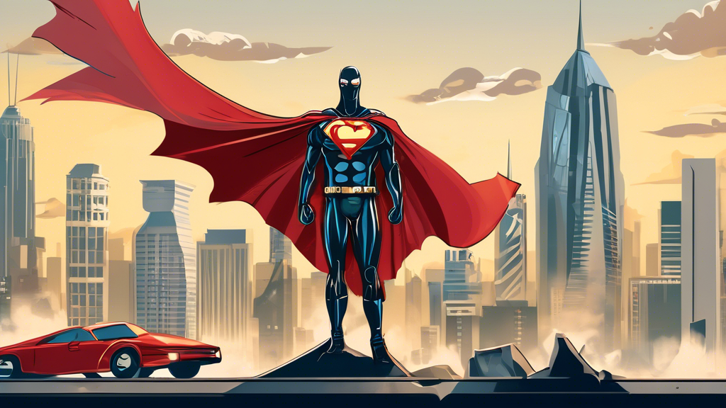 A skilled motorcycle accident lawyer in a superhero cape standing confidently on a Charlotte cityscape background, with justice scales and motorcycle elements subtly integrated.
