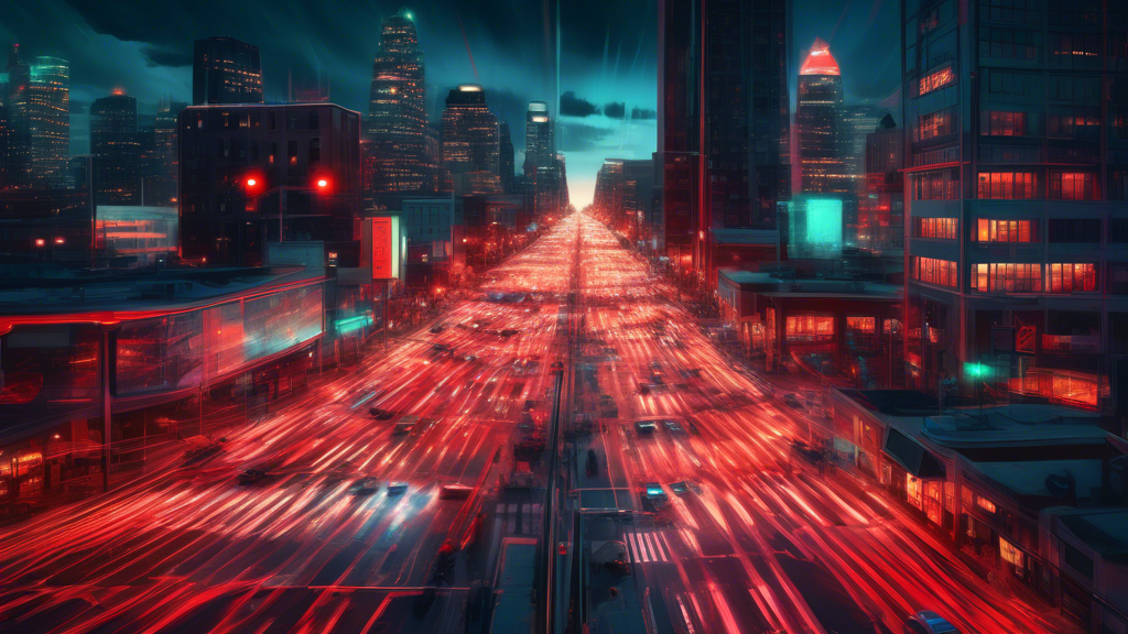 A futuristic digital art piece depicting a bustling city intersection in North Carolina, with all traffic lights simultaneously flashing red due to a widespread malfunction, under a twilight sky.