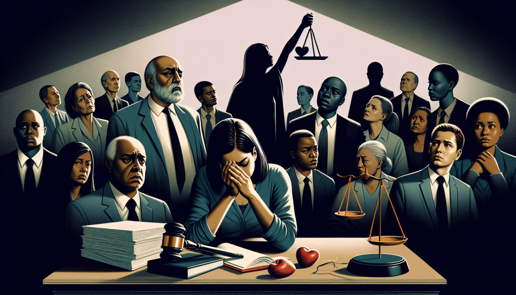 A courtroom scene depicting a somber atmosphere, with a diverse group of people including lawyers, a judge, and plaintiffs. In the foreground, a person holding their head in distress, symbolizing pain and suffering.