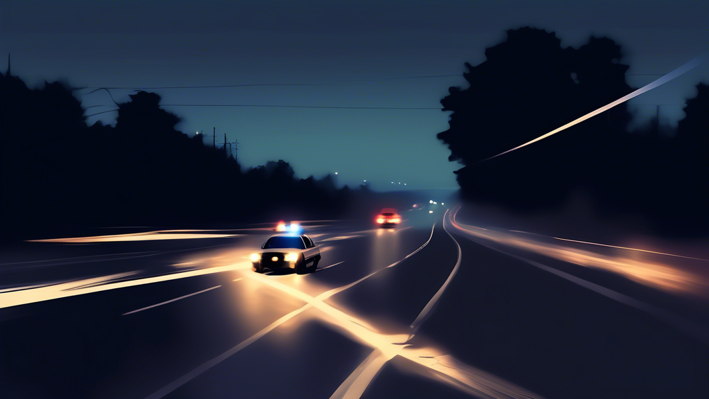 An evocative digital artwork showcasing an empty highway at twilight, with ghostly silhouettes of police cars and civilian vehicles blurred in a high-speed chase, symbolizing the haunting increase in fatal pursuits across urban and rural landscapes – both in North Carolina and nationwide.