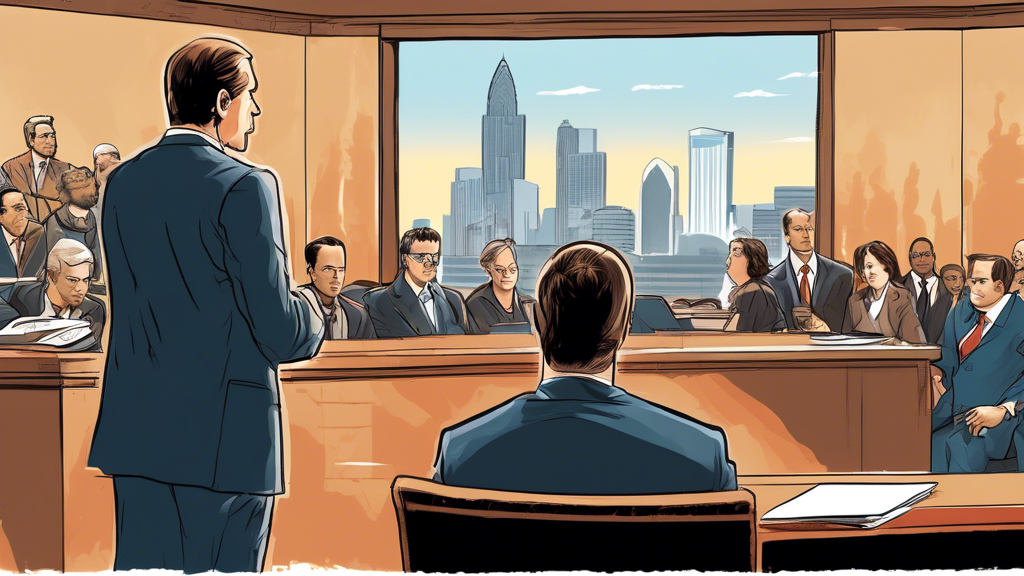 An illustrated courtroom scene in Charlotte, NC with a focused image of a determined car accident attorney presenting a case in front of a judge, highlighting the skyline of Charlotte in the background.
