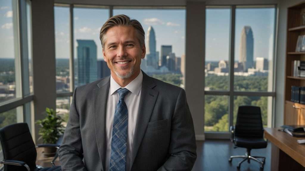 Charlotte car accident lawyer in his Charlotte office discussing a case with a new client.